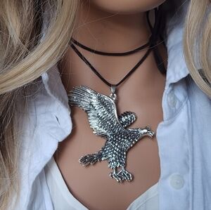 American Bold Eagle Silver Vintage Jewelry Black Leather Cord Wings Feather